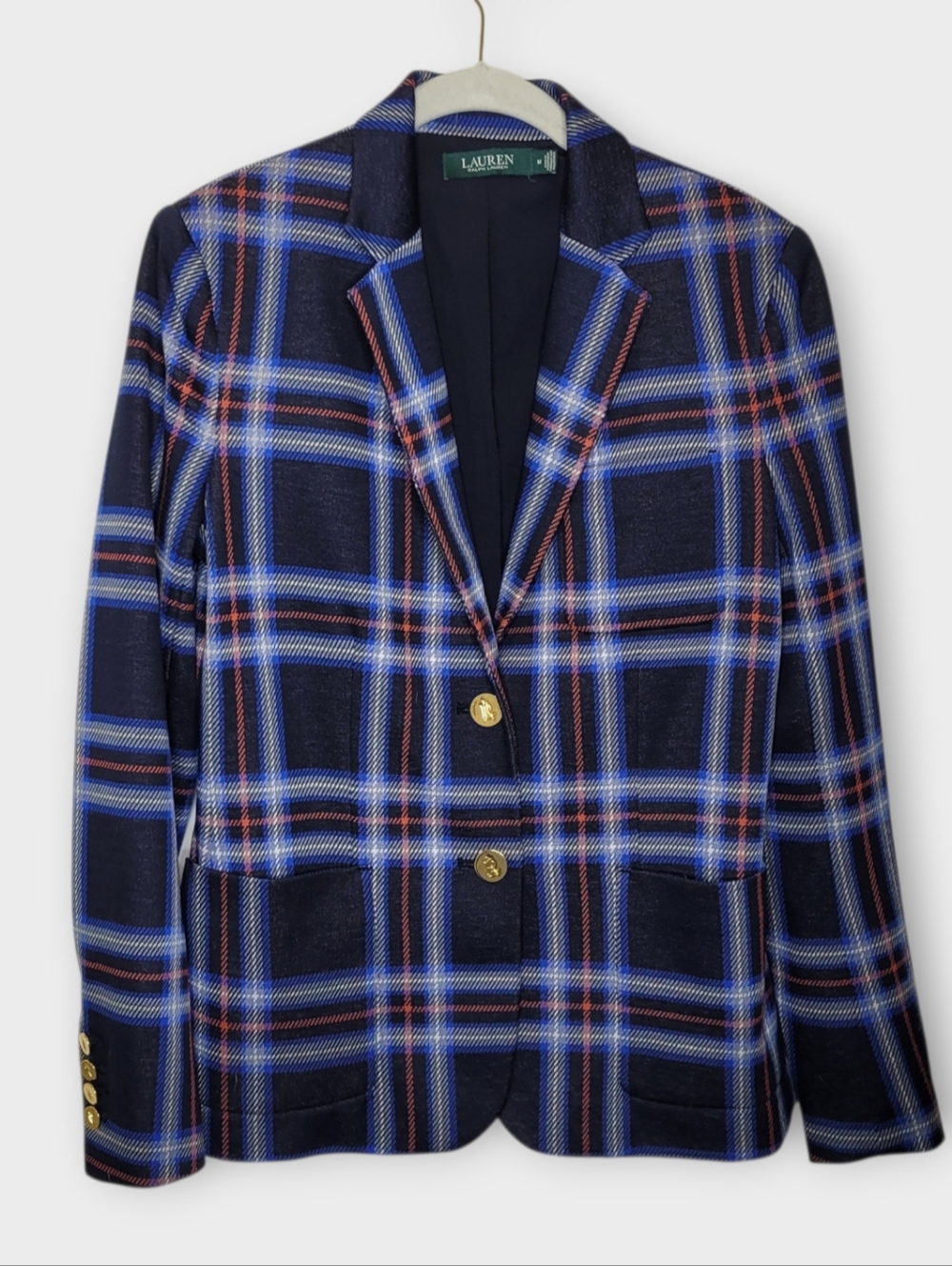 Lauren Ralph Lauren Plaid Blazer M Navy Preppy Academia - Picture 2 of 6